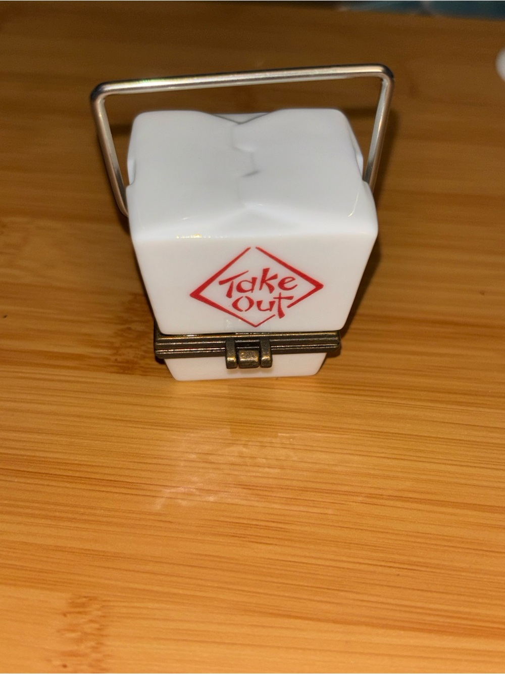 White Ceramic 'Take Out' Trinket Box with Metal Handle